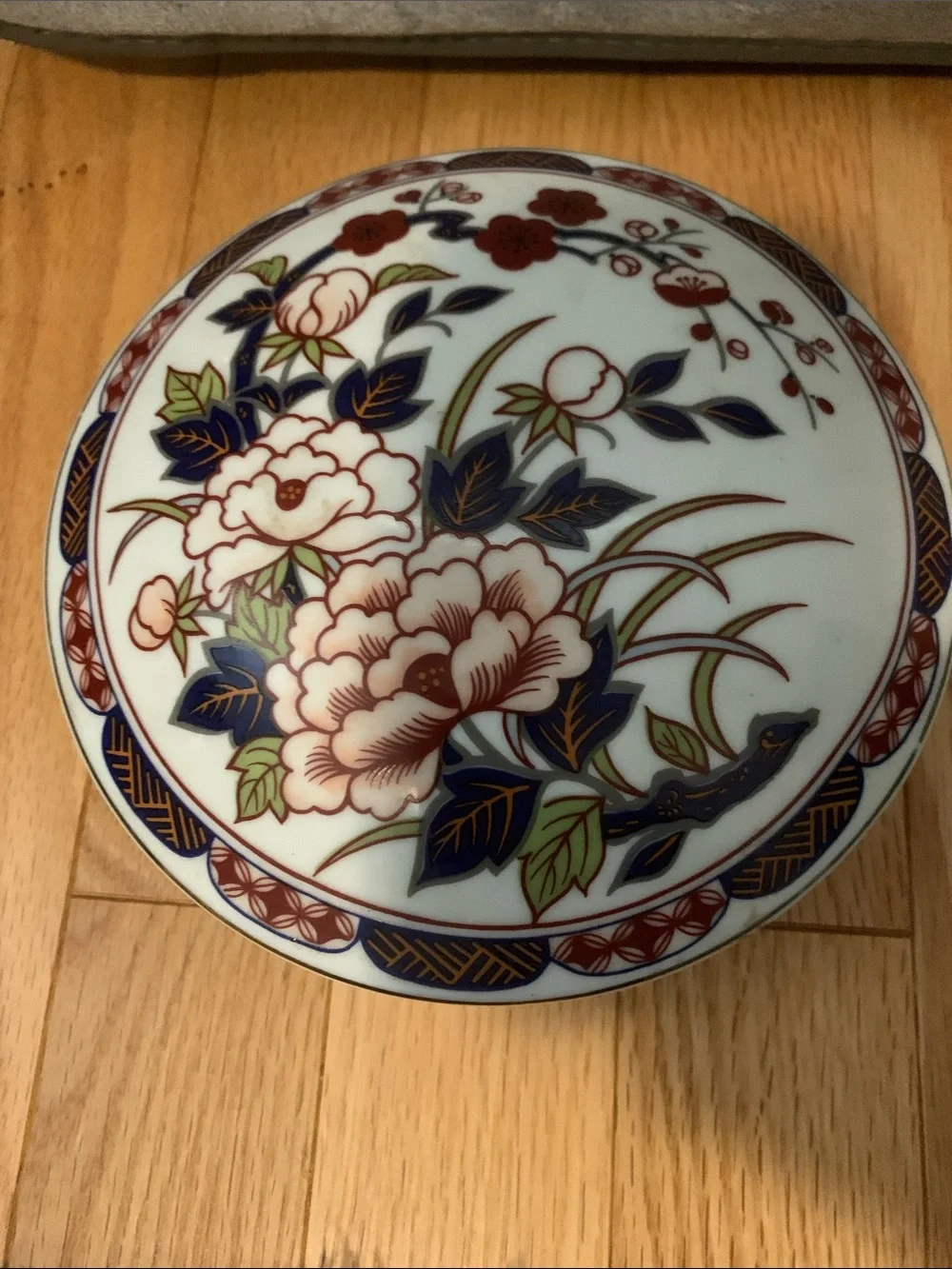 Vintage Decorative Floral Porcelain Trinket Box - Blue, Red & Green - Picture 1 of 5